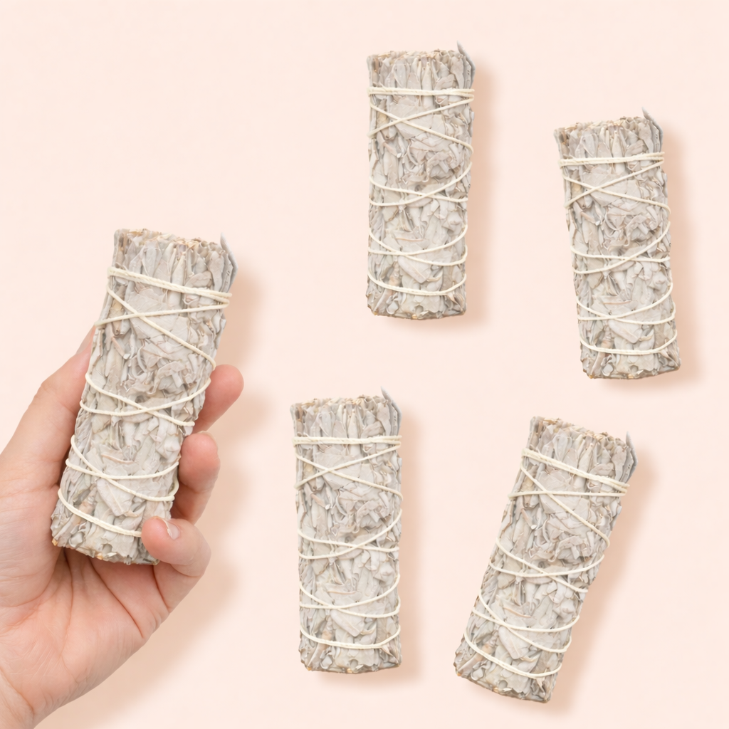 Hand holding a wrapped sage stick with additional sage sticks on a light pink background