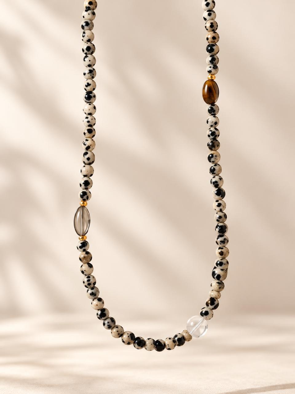 ‘New Dawn’ Dalmatian Jasper, Quartz Beaded Necklace