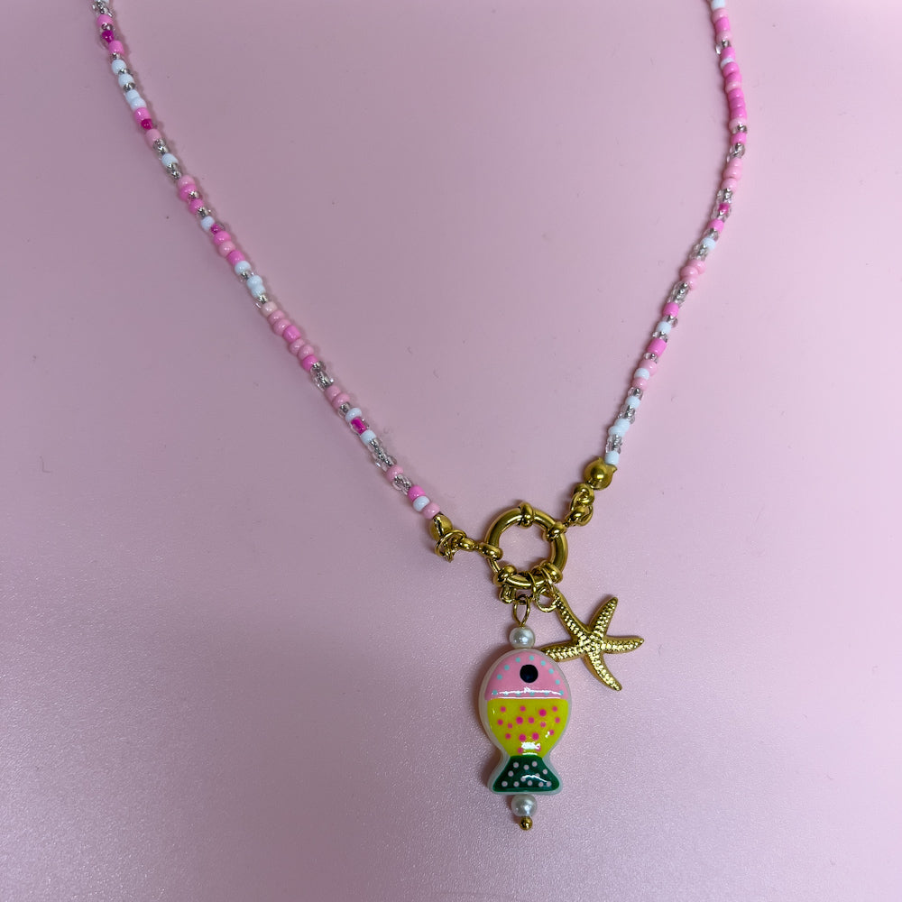From the sea pink beaded necklace with fish charms
