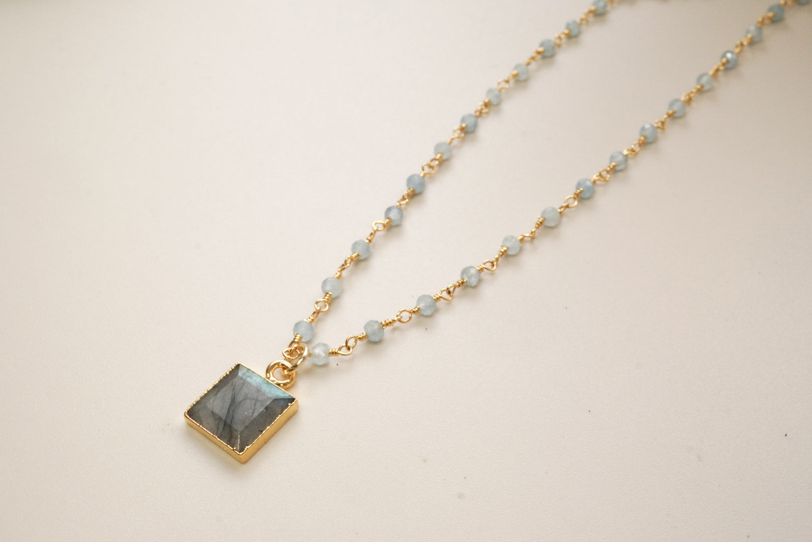 Labradorite square Charm on aquamarine beaded gold necklace 