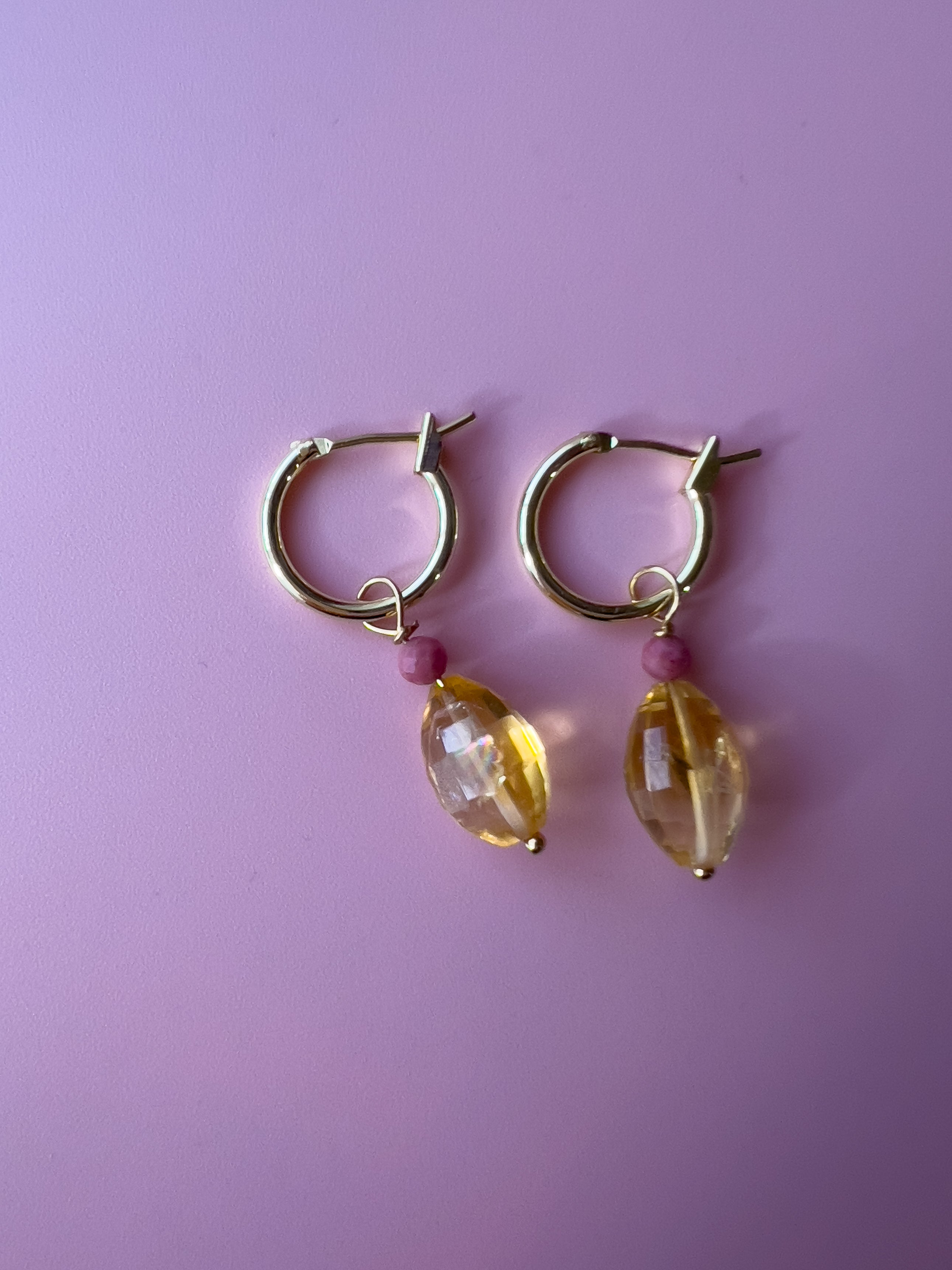 Citrine and rhodonite gold hoops