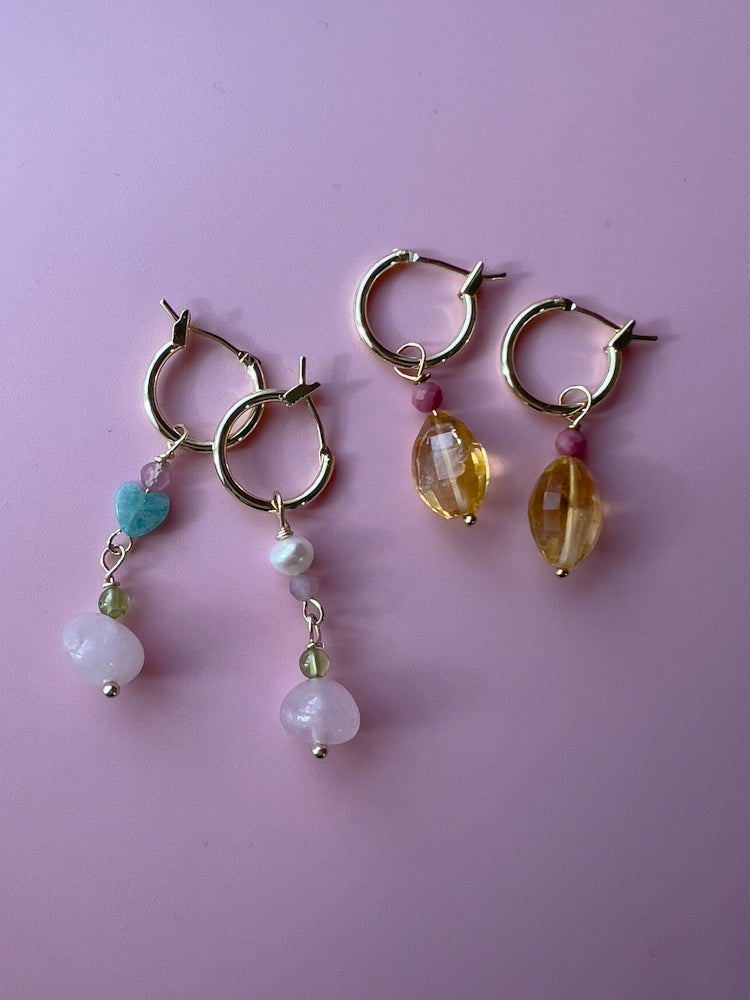 Citrine and rhodonite gold hoops and gemstone hoops 