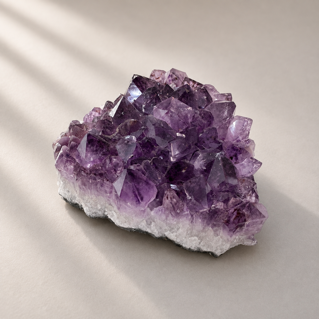 A natural amethyst crystal cluster with deep purple and violet crystals on a white matrix base, photographed on a neutral beige surface with soft shadows.