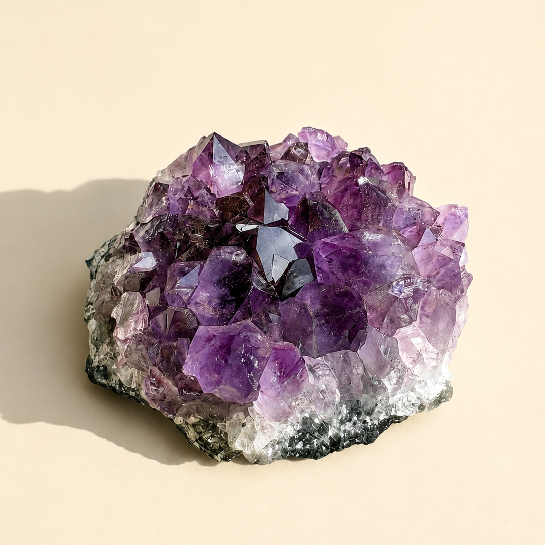 Amethyst crystal cluster on a beige background