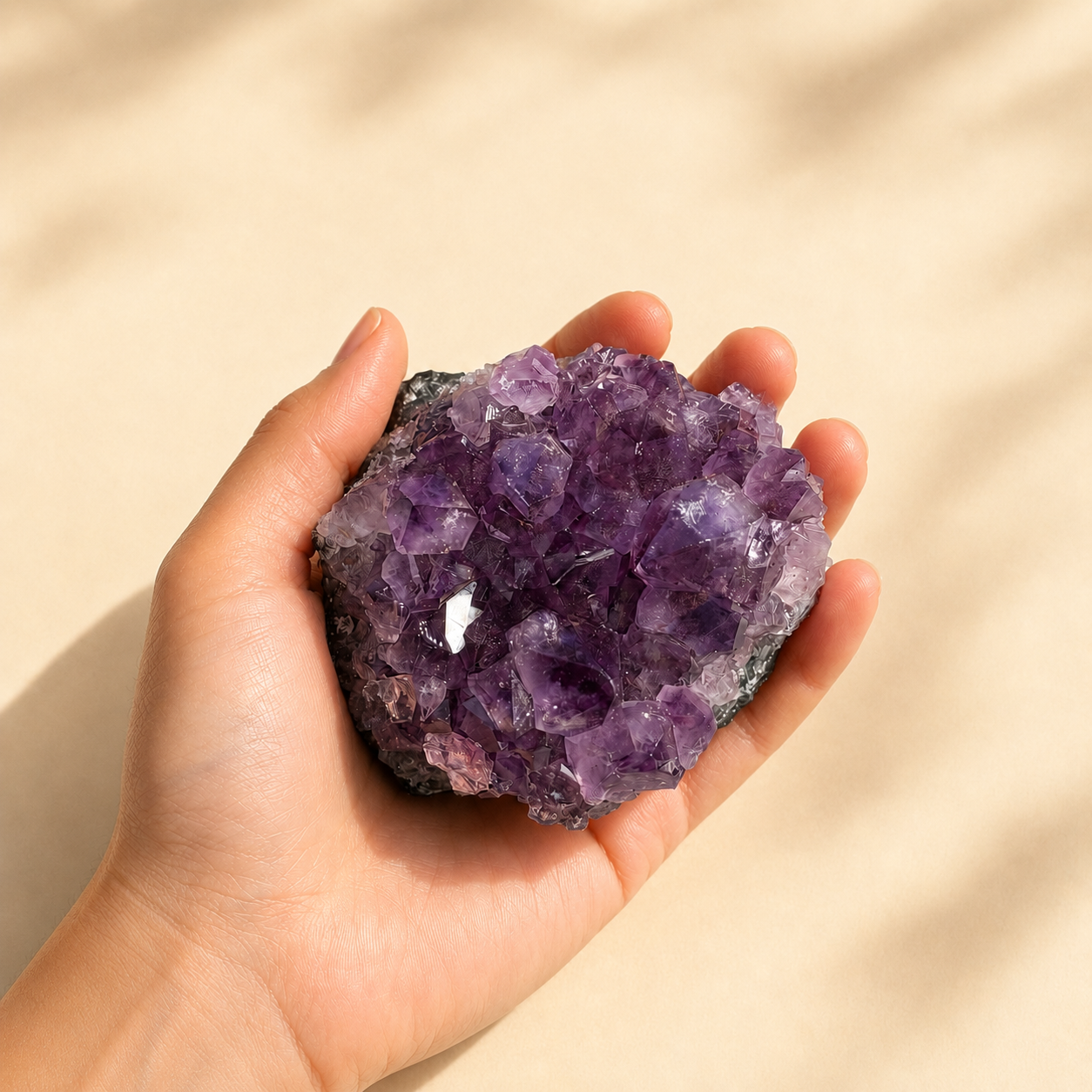 Hand holding a large purple crystal against a beige background