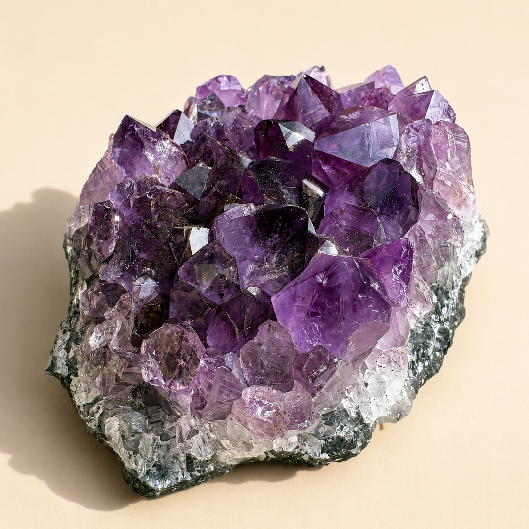 Amethyst crystal cluster on a beige background