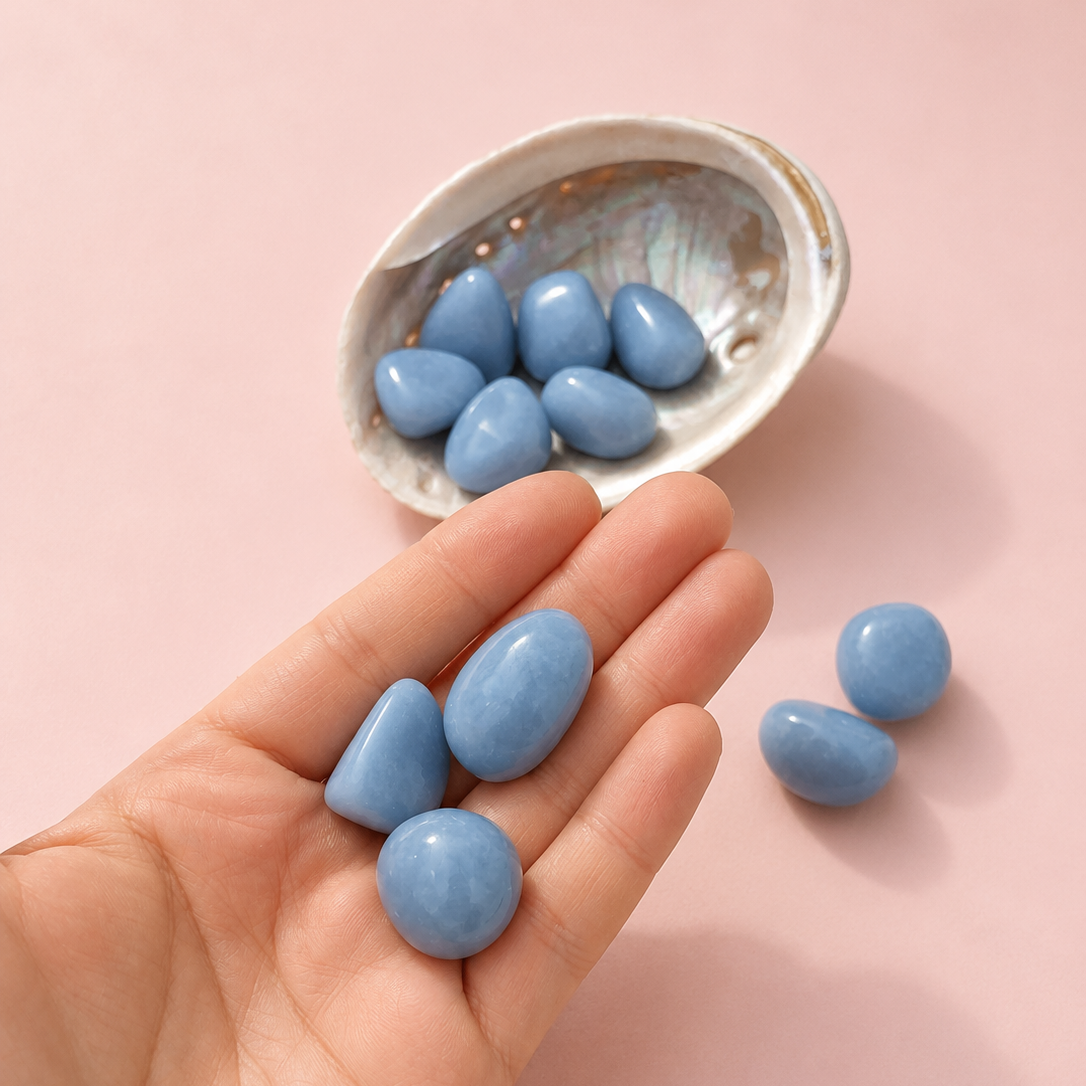 Light blue teardrop-shaped gemstones held in a person's hand, with more stones resting in a small shell and two additional stones on a soft pink background.