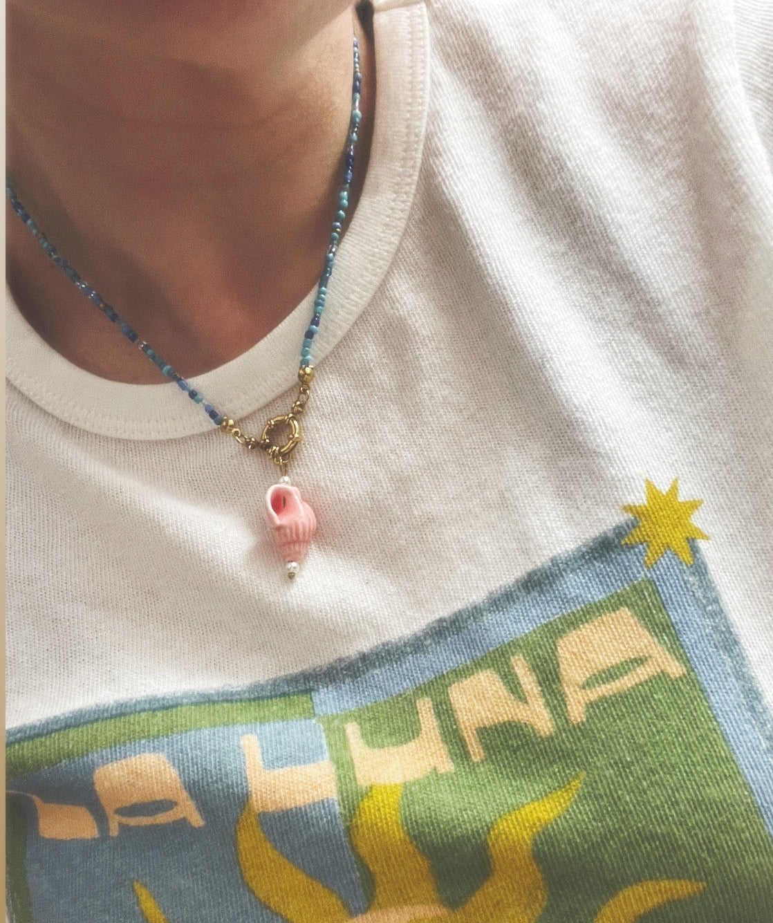 Island Blue - Pink Shell Beaded Necklace