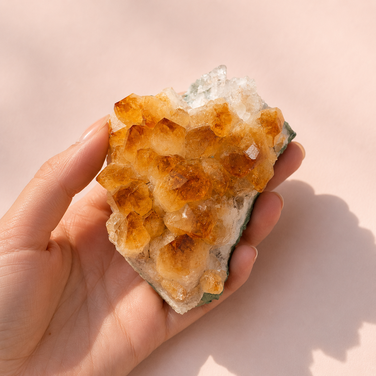 Hand holding a Citrine Crystal Cluster against a light pink background