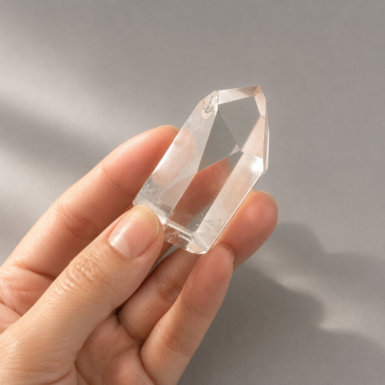 A hand holding a clear, faceted crystal point against a soft gray background.