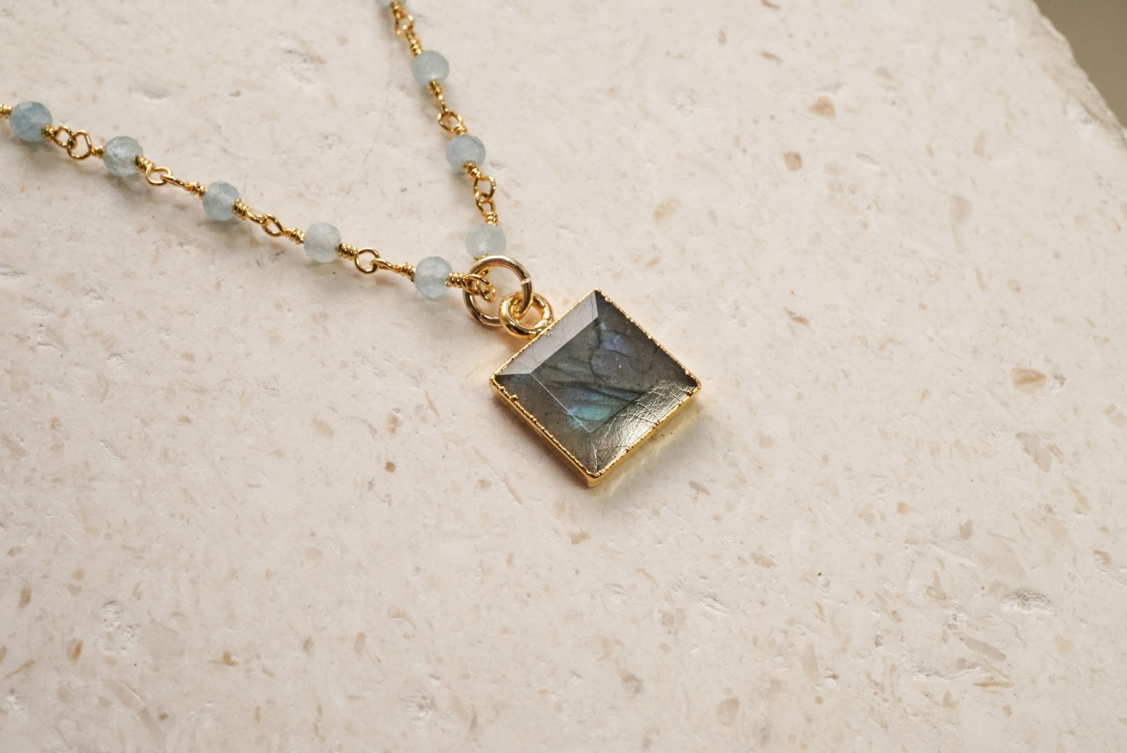 Labradorite square Charm on aquamarine beaded gold necklace 