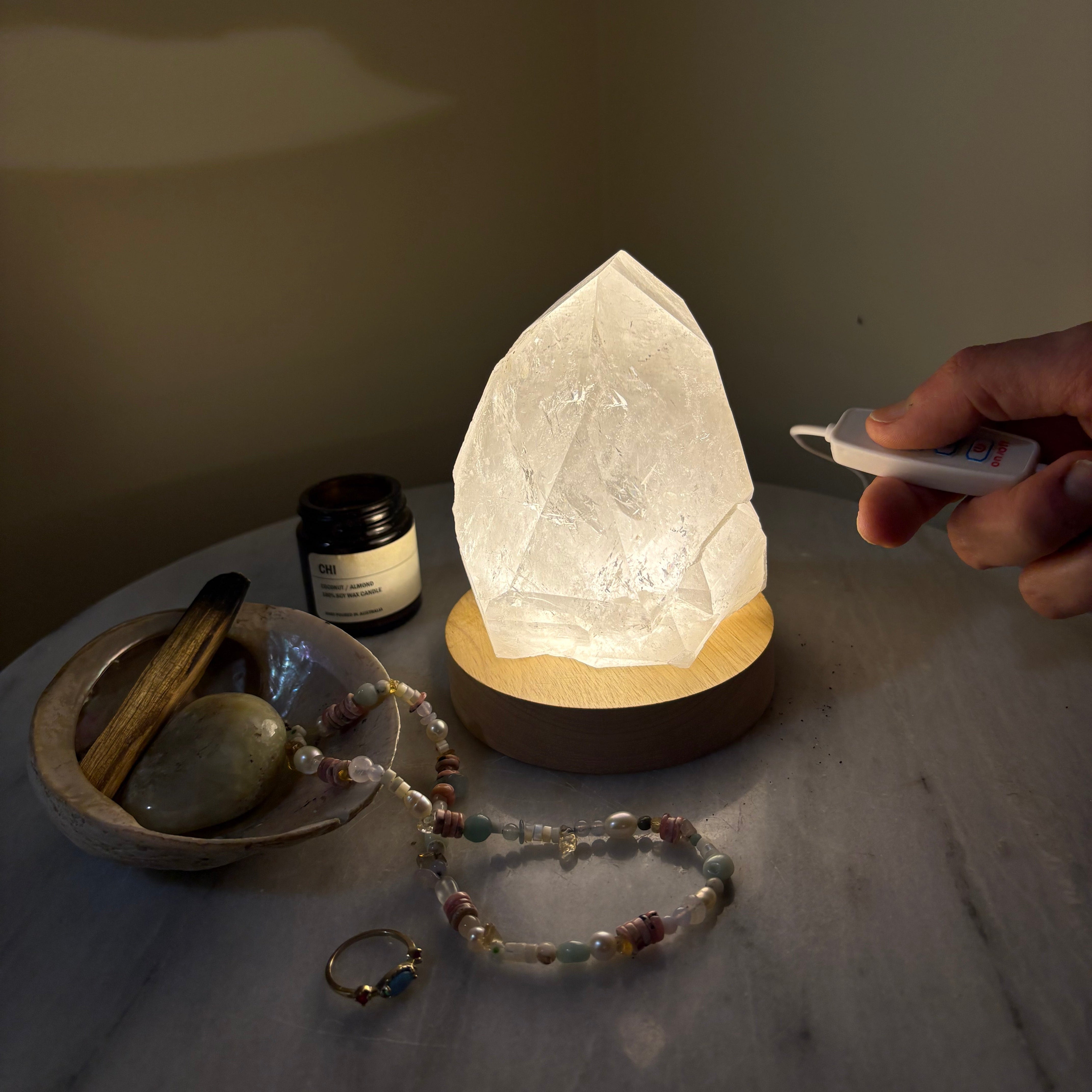 Natural chunky clear quartz crystal with LED base light