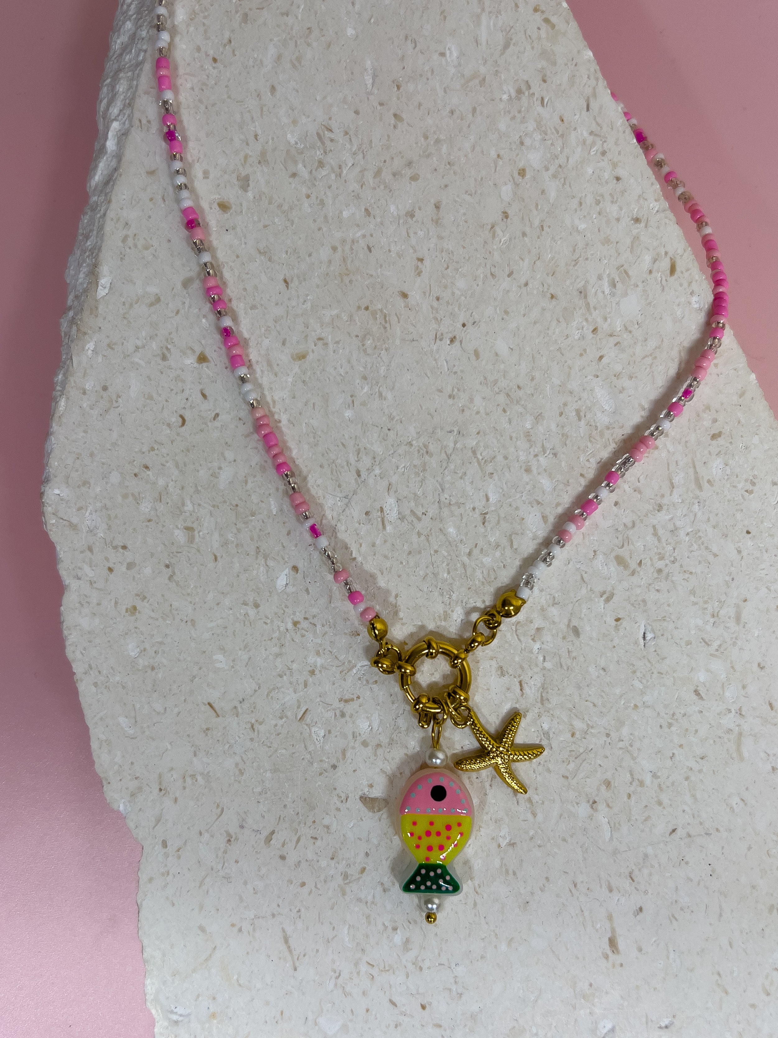 From the sea pink beaded necklace with fish charms