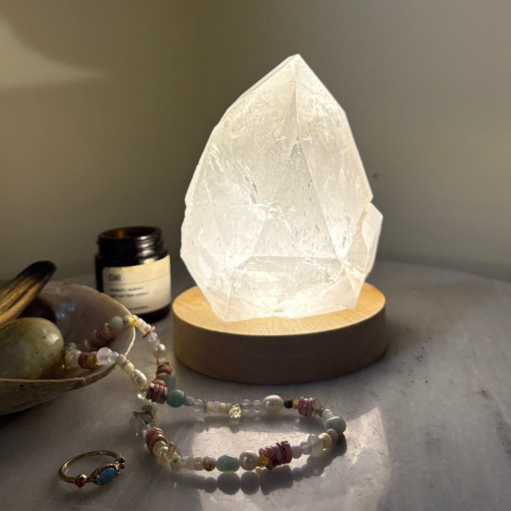 Natural chunky clear quartz crystal with LED base light