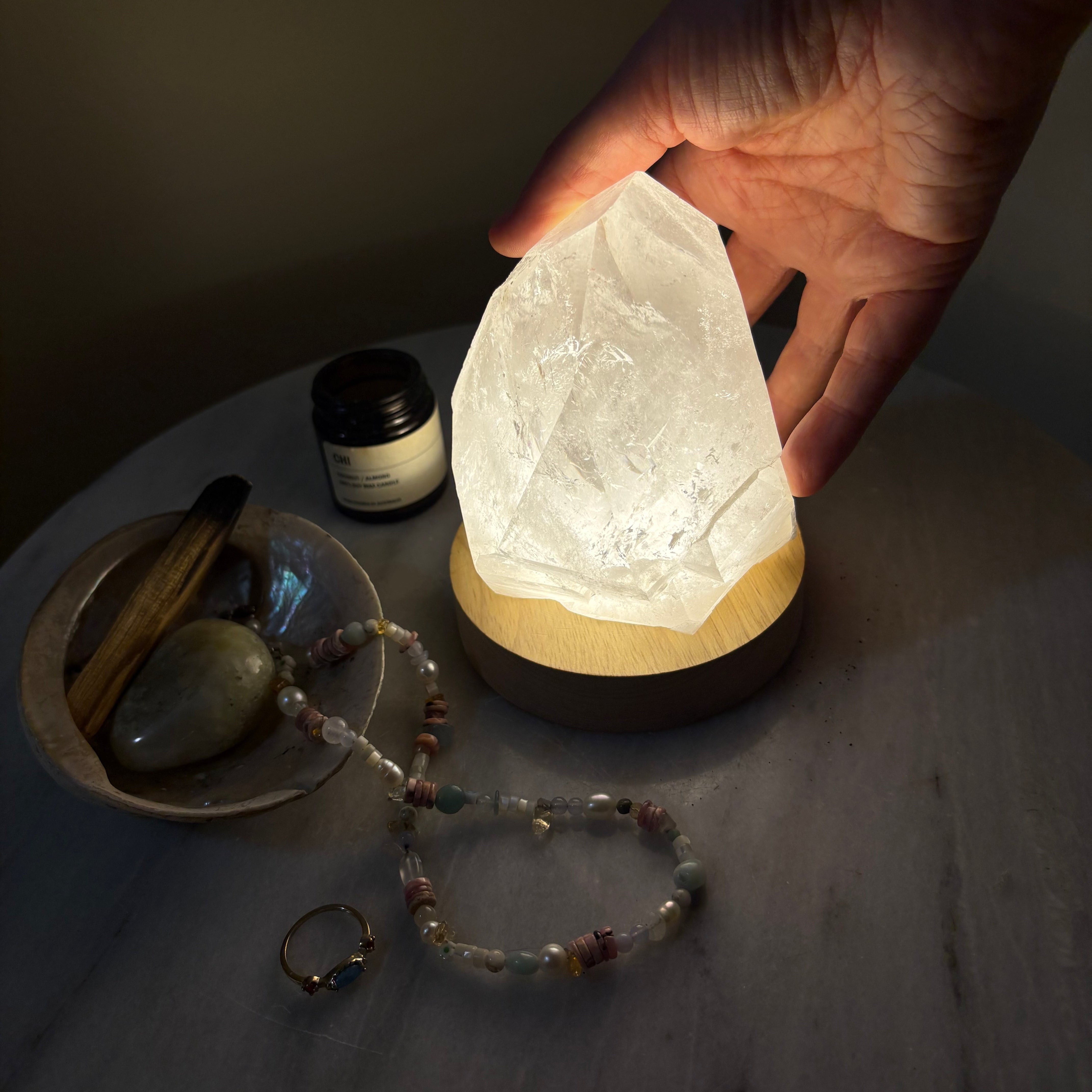 Natural chunky clear quartz crystal with LED base light