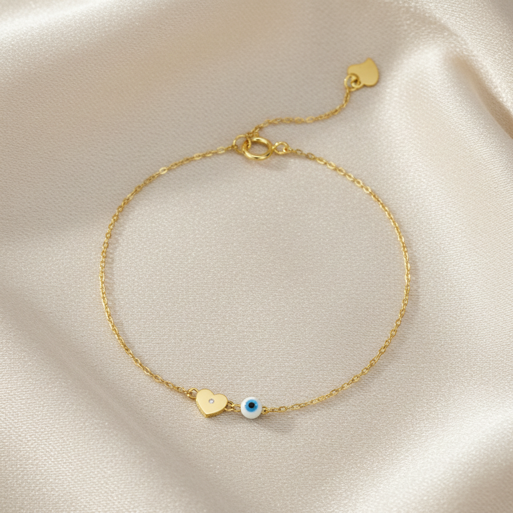 Evil eye and heart gold chain bracelet 