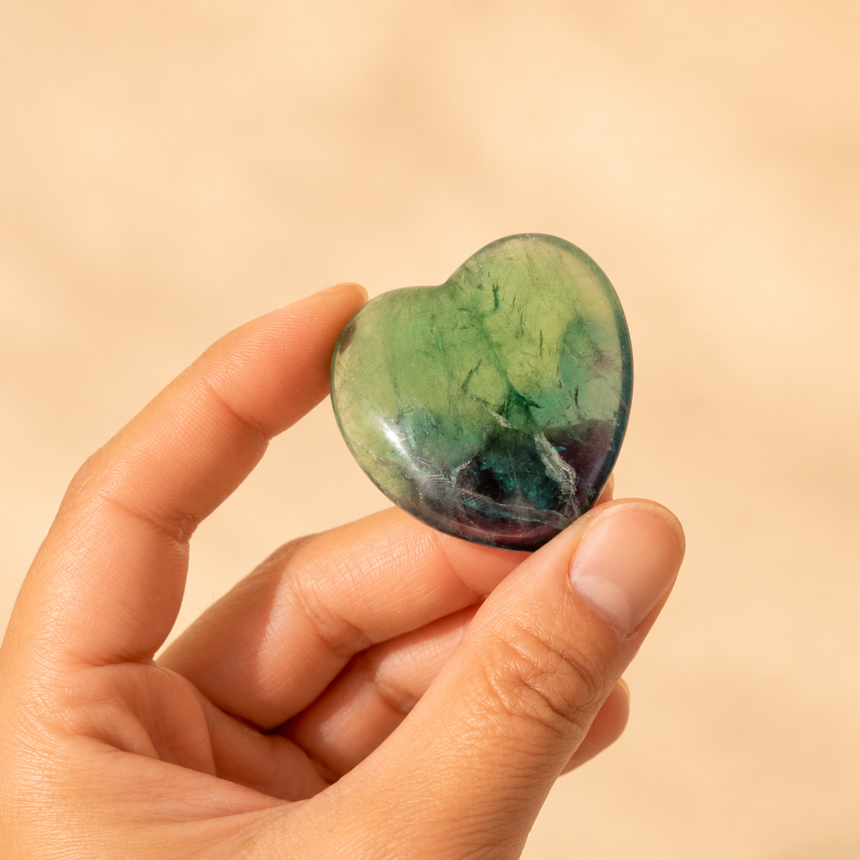 Heart-shaped green fluorite crystal held in a hand against a beige background