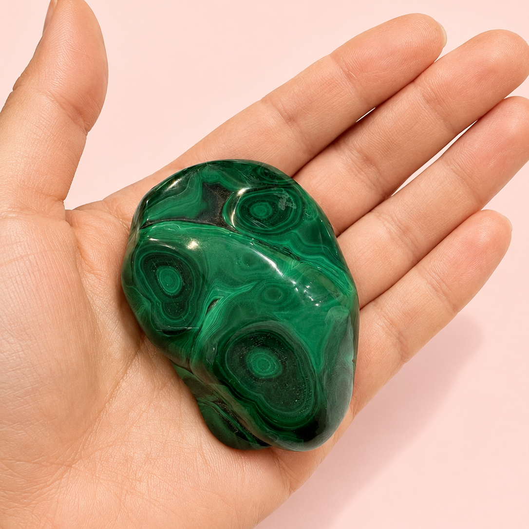 A polished green malachite stone with natural swirling patterns, held in the palm of a hand against a soft pink background.