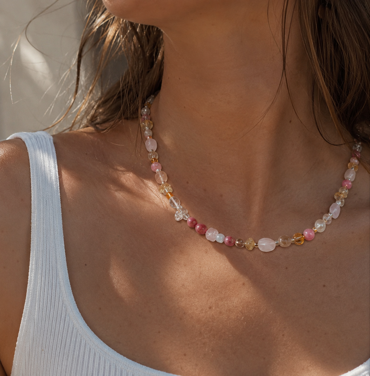 'Pink Moon' Rose Quartz, Citrine + Rhodonite Beaded Necklace