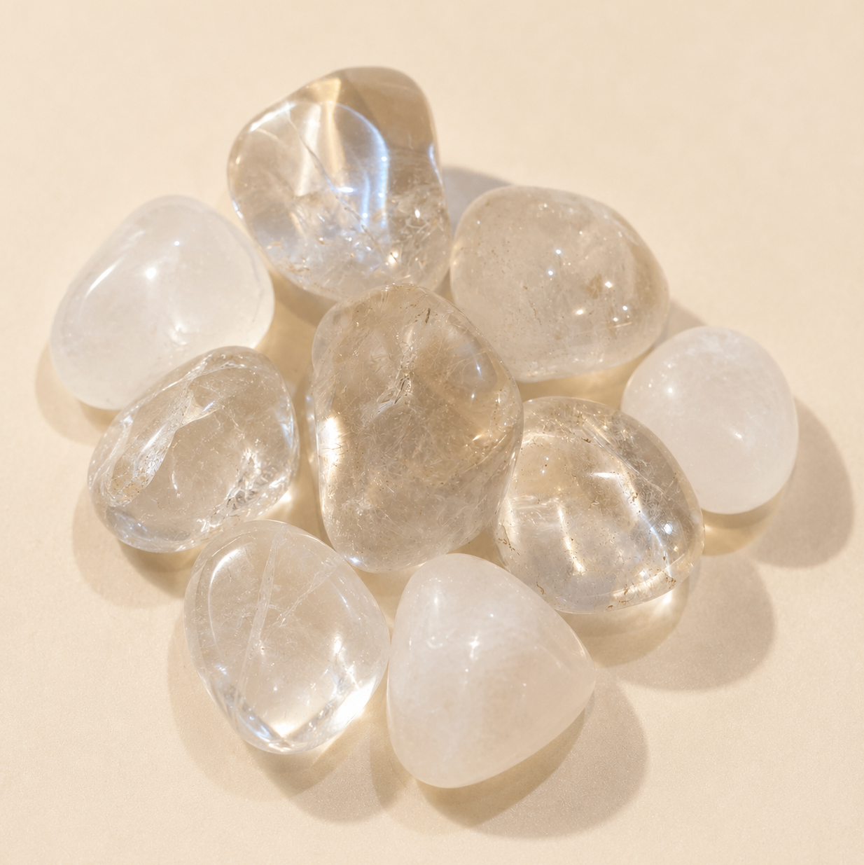 Clear quartz crystal stones on a beige background