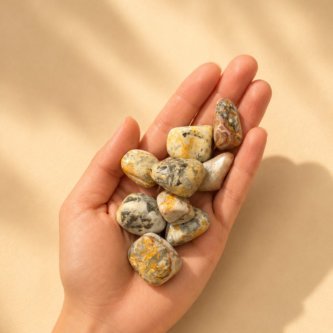 Hand holding a collection Yellow Crazy Lace Agate tumbled stones against a beige background