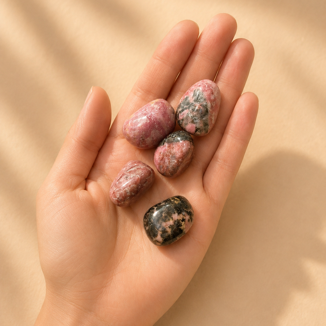 Hand holding five rhodonite tumbled stones against a beige background