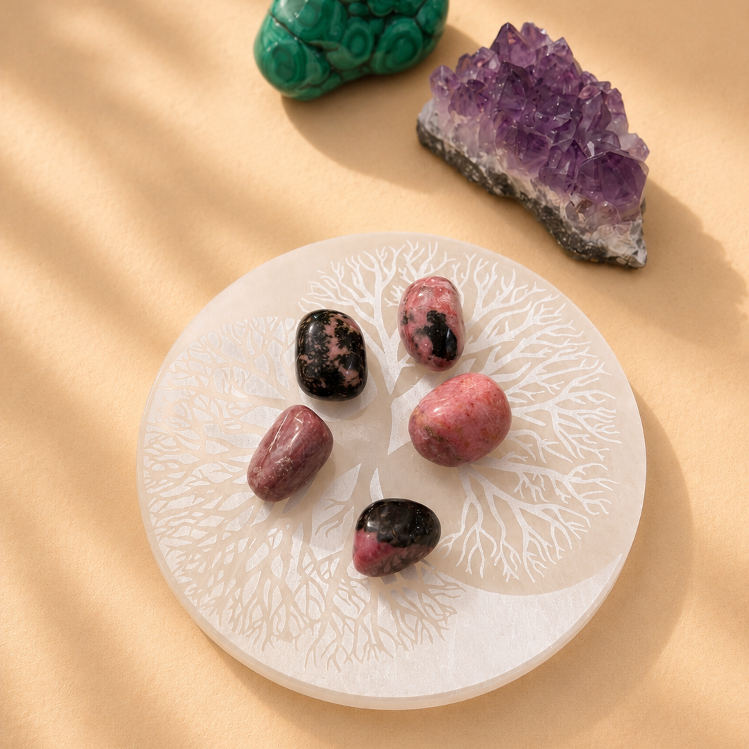 Rhodonite tumbled stones on a beige background