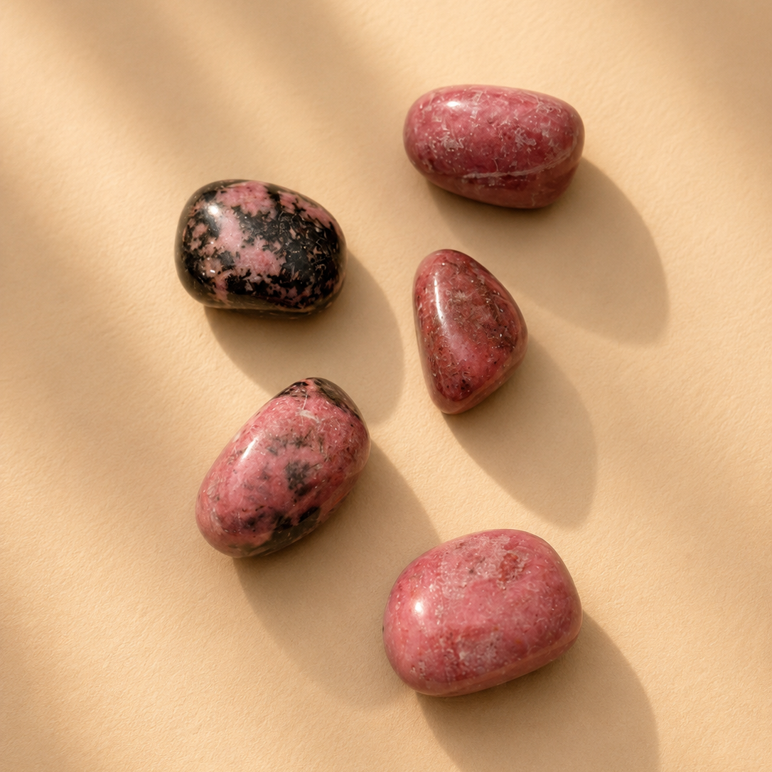 Five rhodonite tumbled stones on a beige surface
