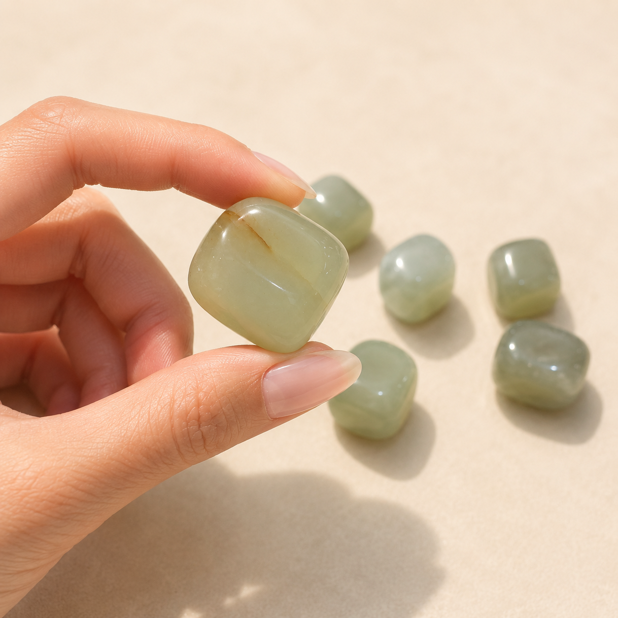 Hand holding a green jade stone with more stones on a beige background