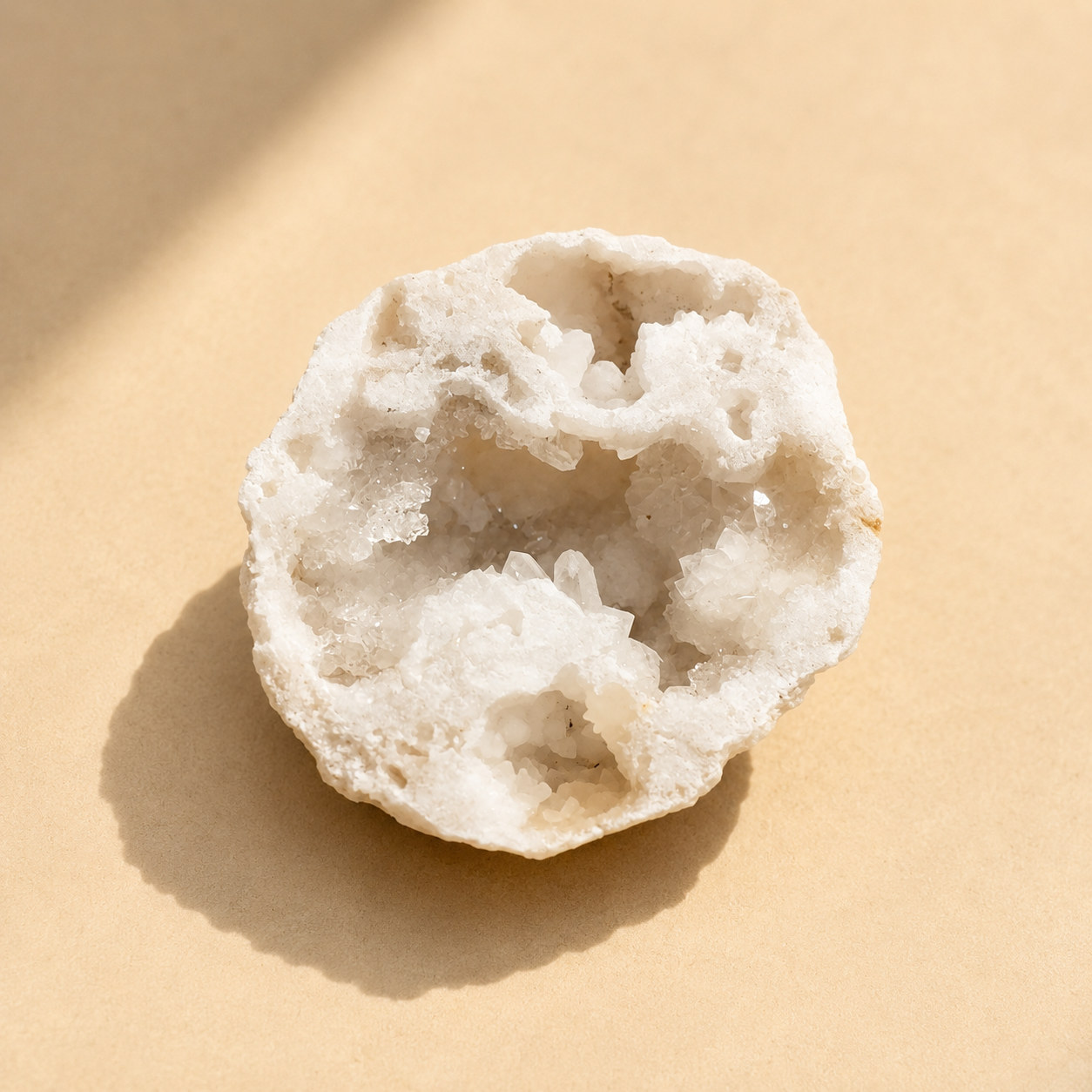 Close-up of a white mineral crystal on a beige background