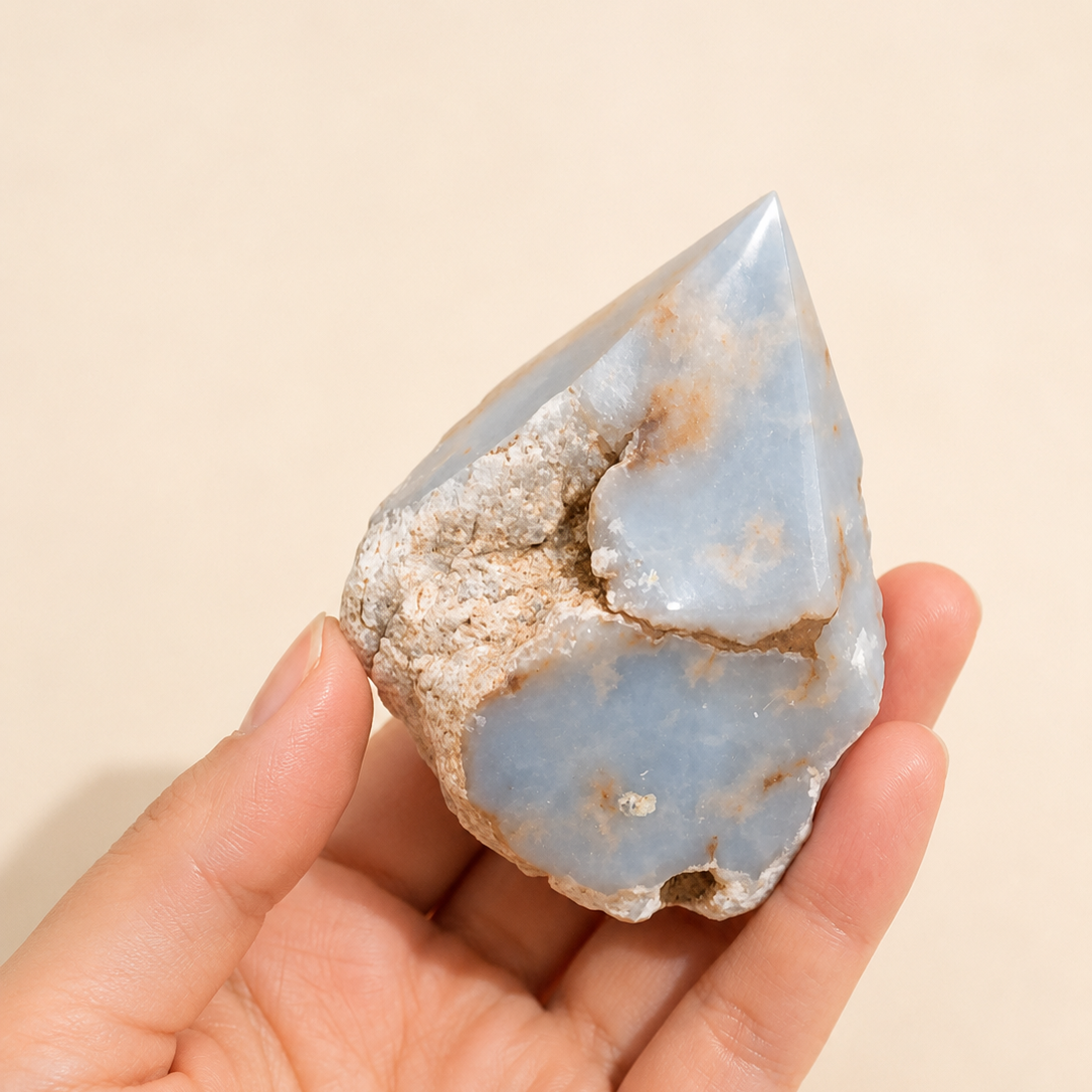 Hand holding a large Angelite crystal against a beige background
