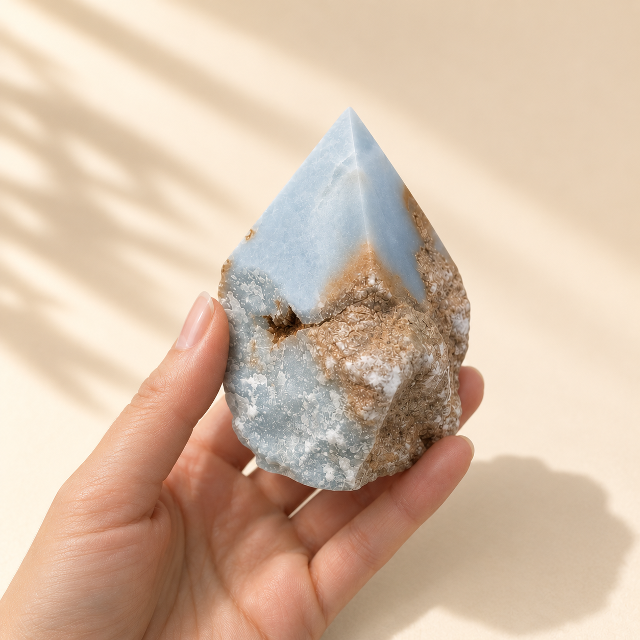 A hand holding a natural Angelite pointed crystal formation with a light blue top section and a rough brown and white lower section, set against a warm beige background with soft leaf shadows.