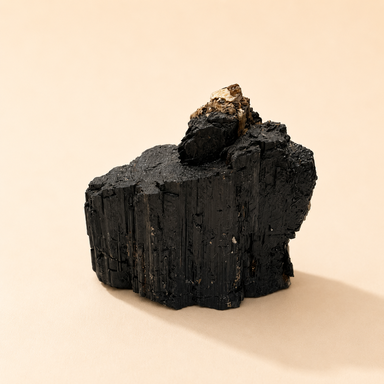A natural black tourmaline, photographed on a plain warm beige background.