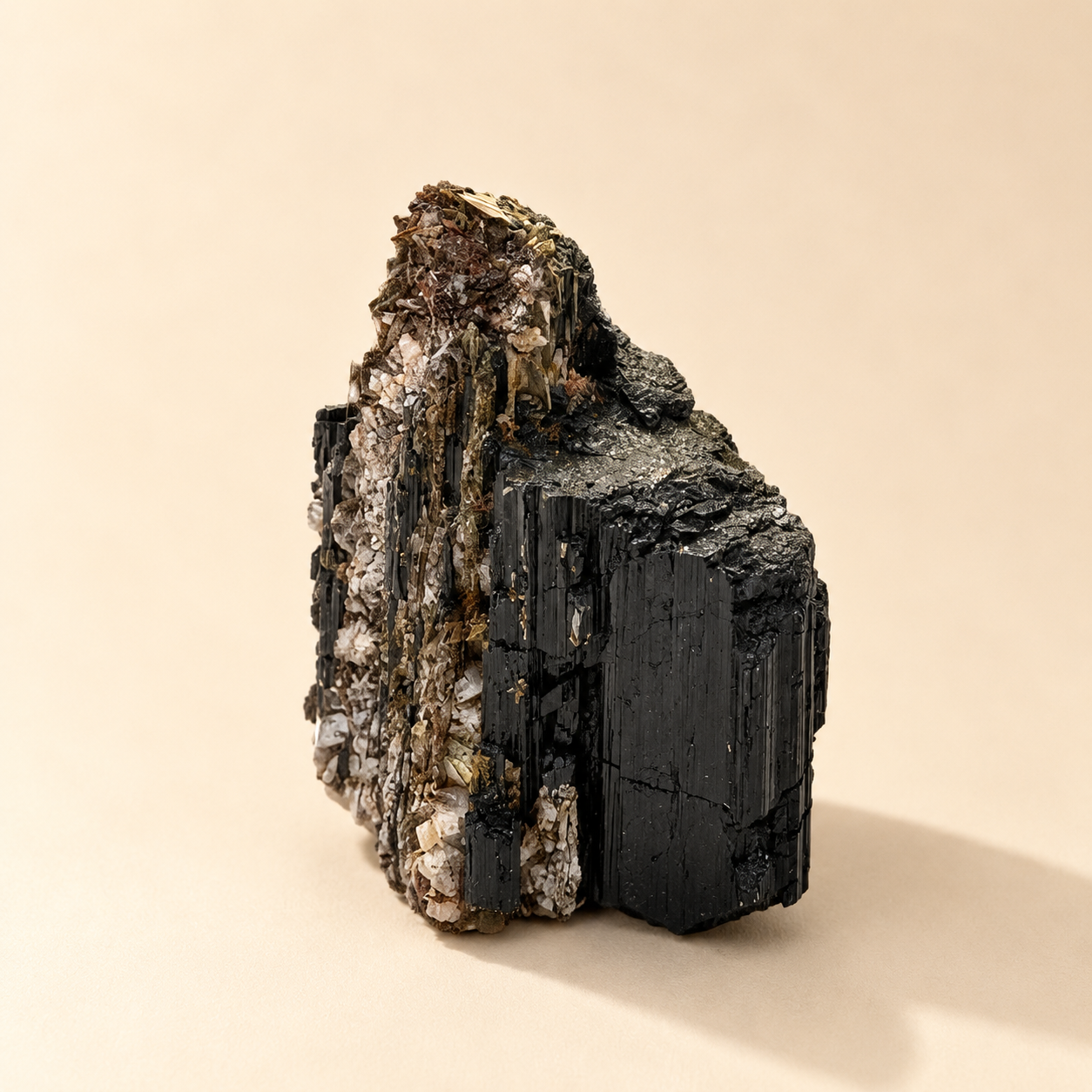 A raw black tourmaline featuring a prominent black columnar crystal section alongside a rough, textured matrix of brown, beige, and white minerals, photographed on a solid light beige background.