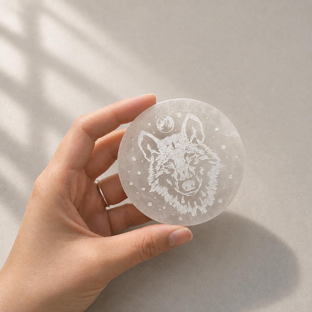 Round Selenite Charging Plate – Etched Wolf Design