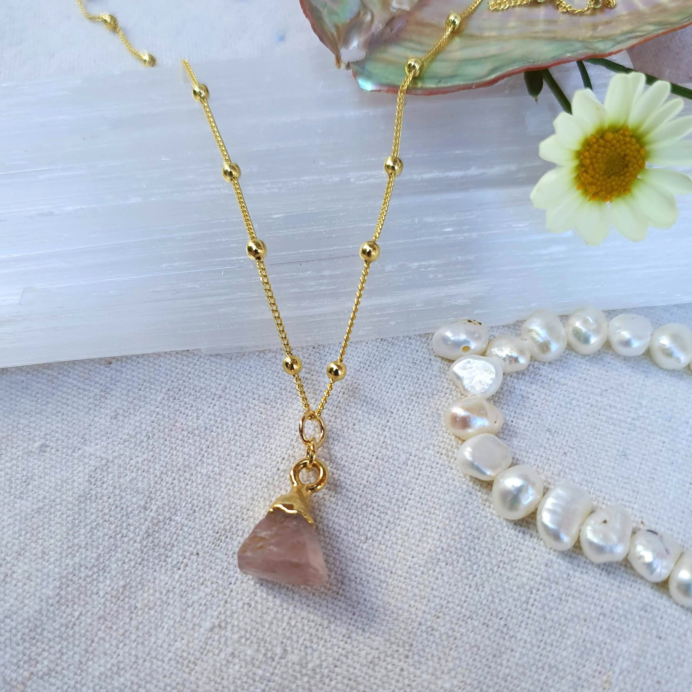 Rose Quartz Rough Pendant - Gold Plated Necklace