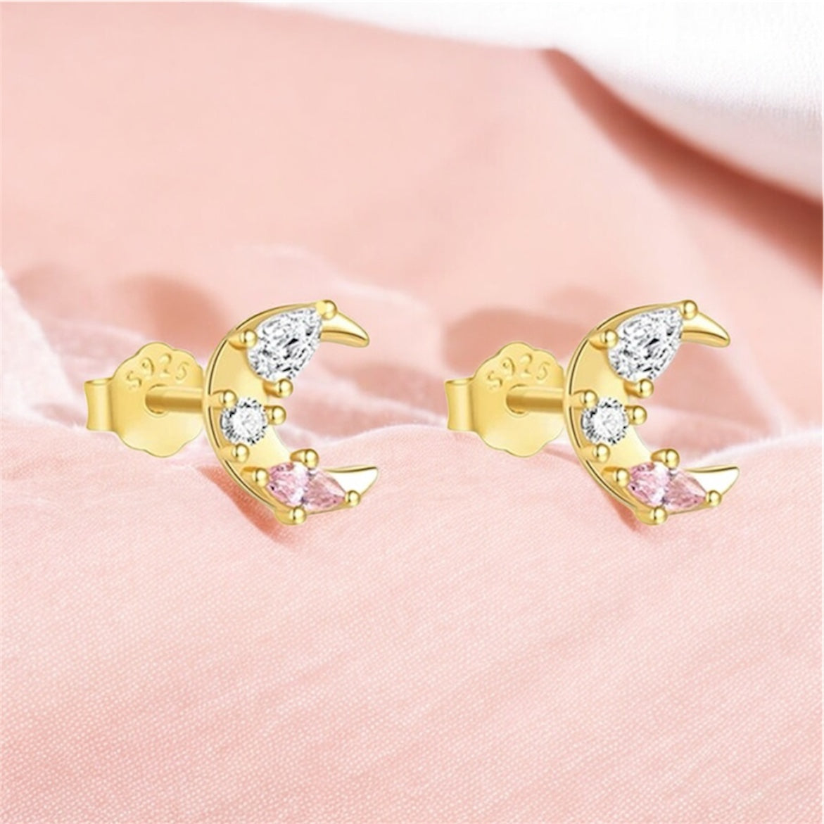 Moon Studs Pink Stones