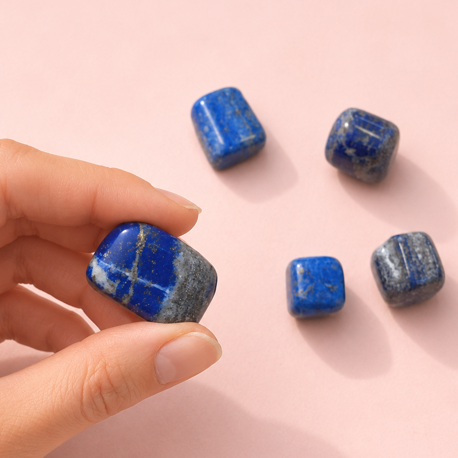 A hand holds a polished blue lapis lazuli crystal charm against a soft pink background, with four similar blue crystals scattered in the distance.