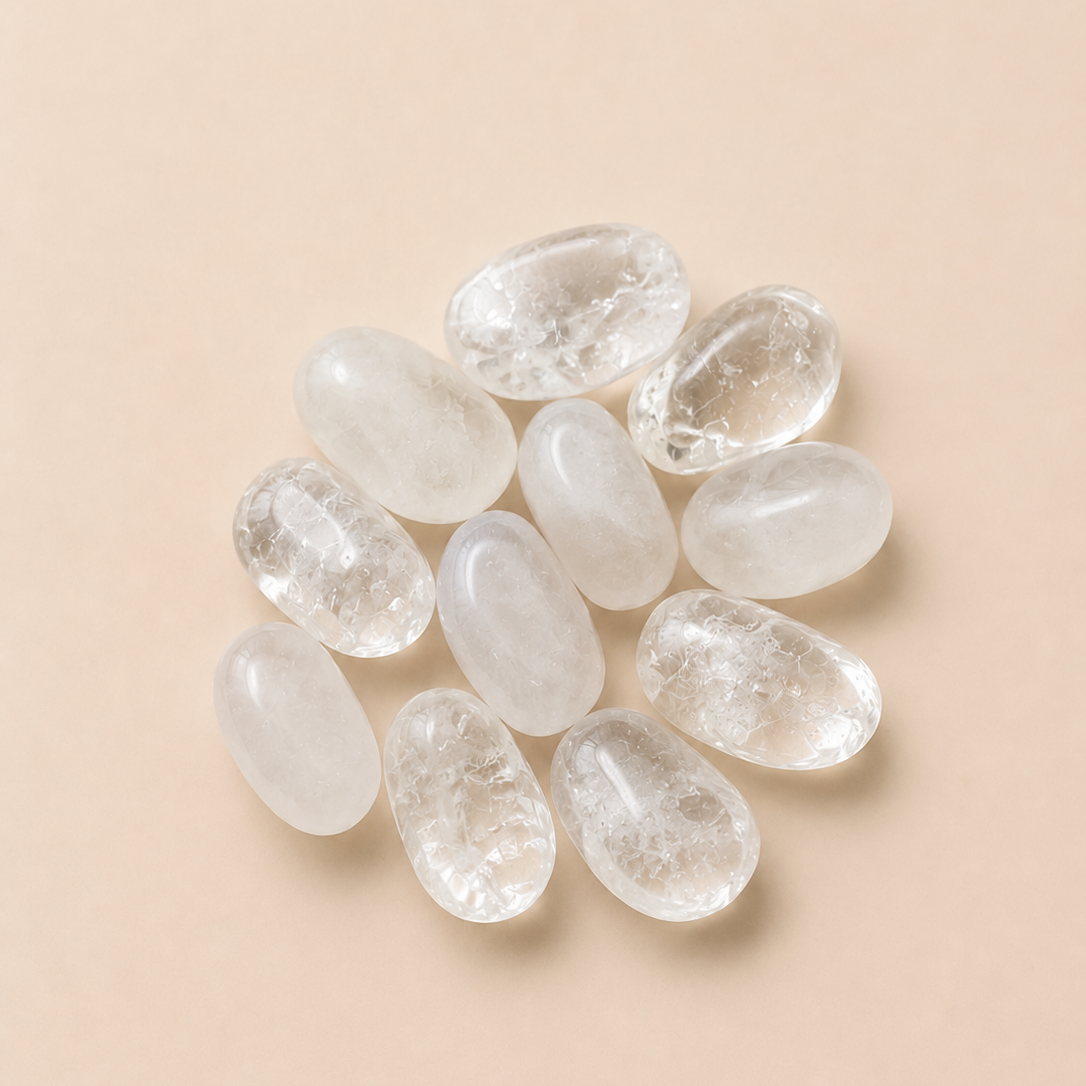 Clear quartz stones on a beige background