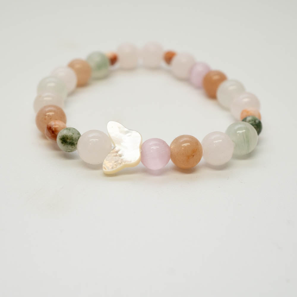 peach moonstone, rose quartz, mountain jade and butterfly childrens bracelet