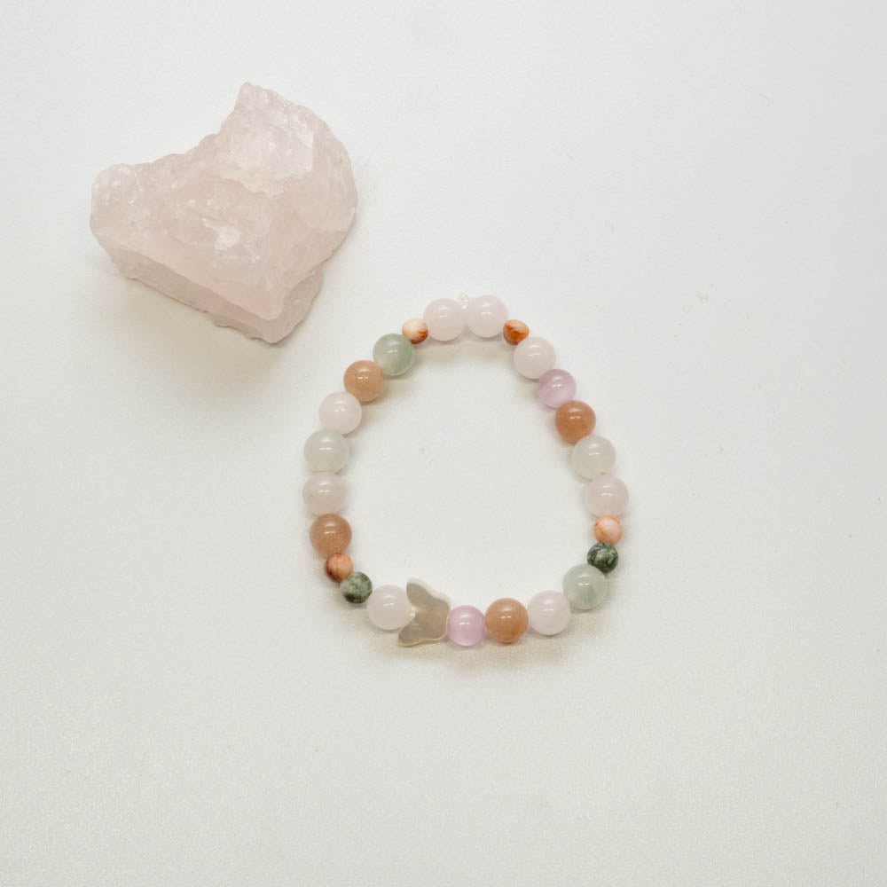 peach moonstone, rose quartz, mountain jade and butterfly childrens bracelet