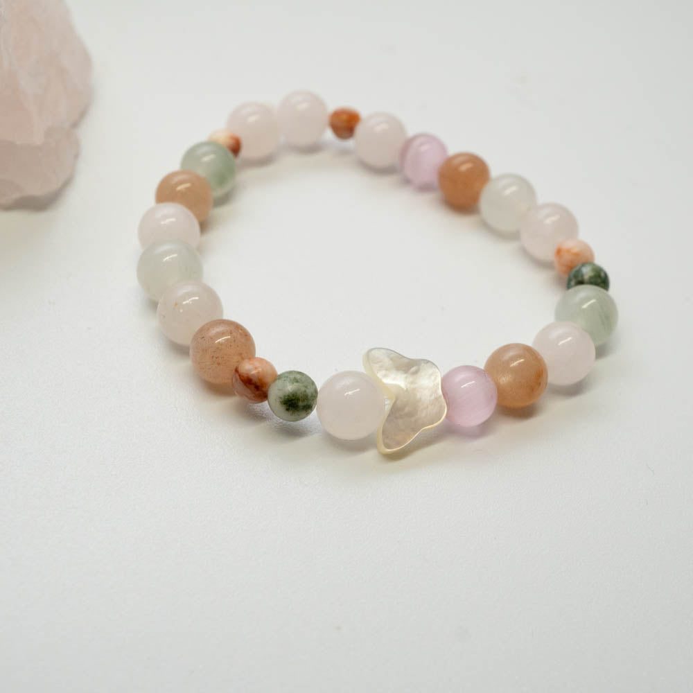 peach moonstone, rose quartz, mountain jade and butterfly childrens bracelet