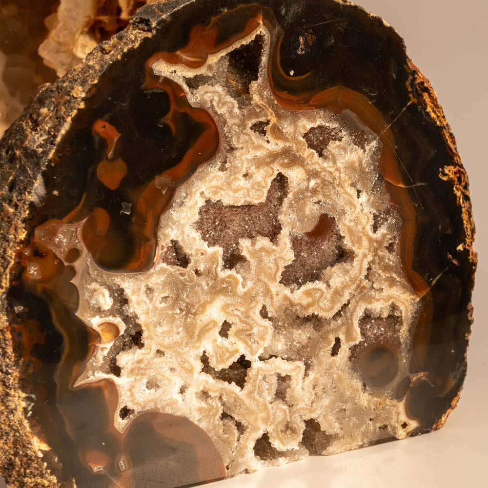 Close-up of a geode with intricate crystal formation on a neutral background