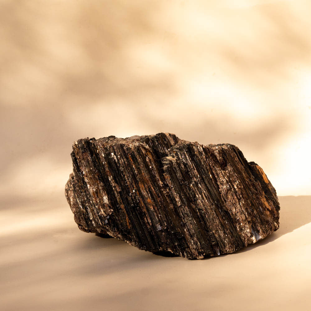Large Black Tourmaline Schorl with Mica inclusions on beige background