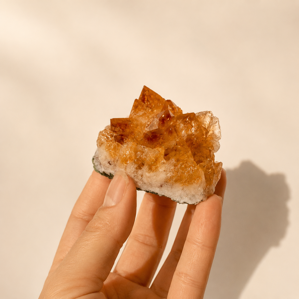 A hand holding a small natural citrine crystal cluster with translucent orange-brown points and a white base against a warm beige background.