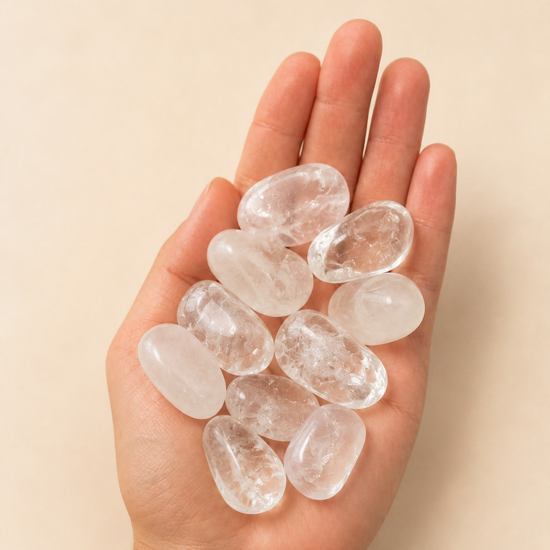 Hand holding clear crystals against a beige background