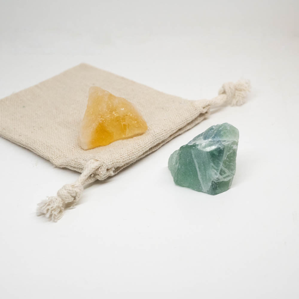 Citrine and Fluorite Crystal Roughs with Keepsake Pouch