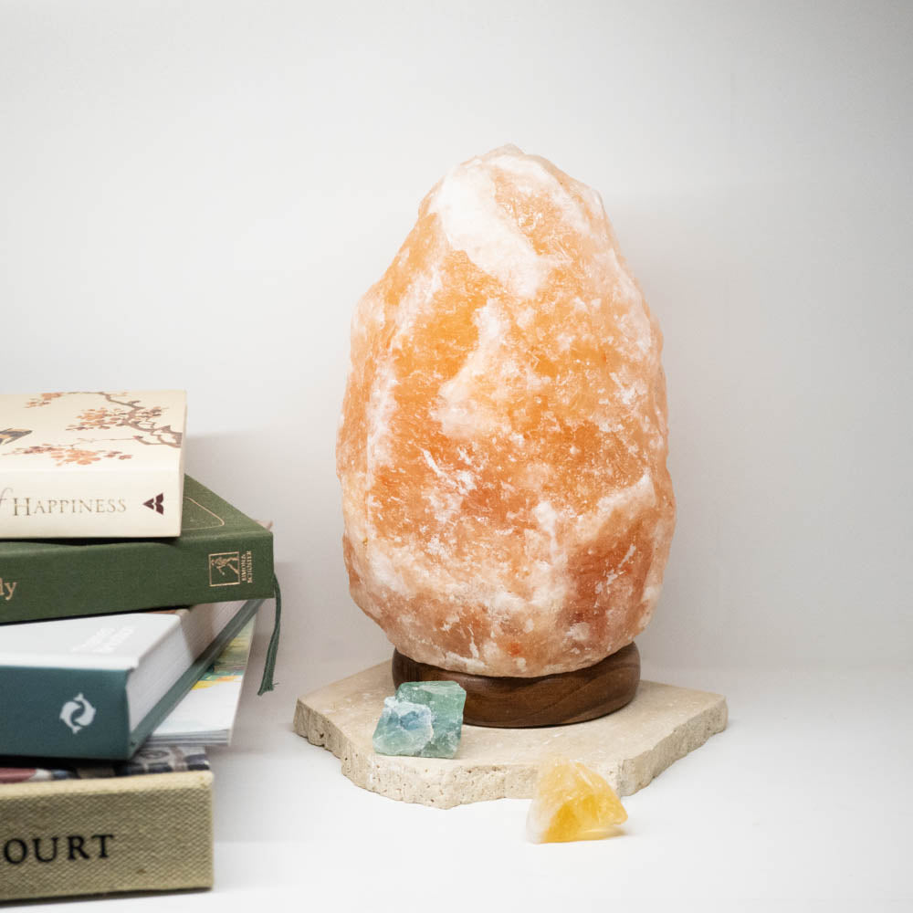 Himalayan Salt Lamp with Fluorite and Citrine Crystal Roughs