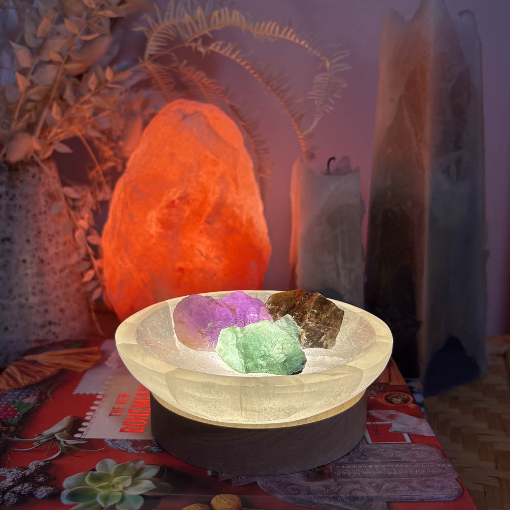 Selenite Fire Bowl with LED Light Base
