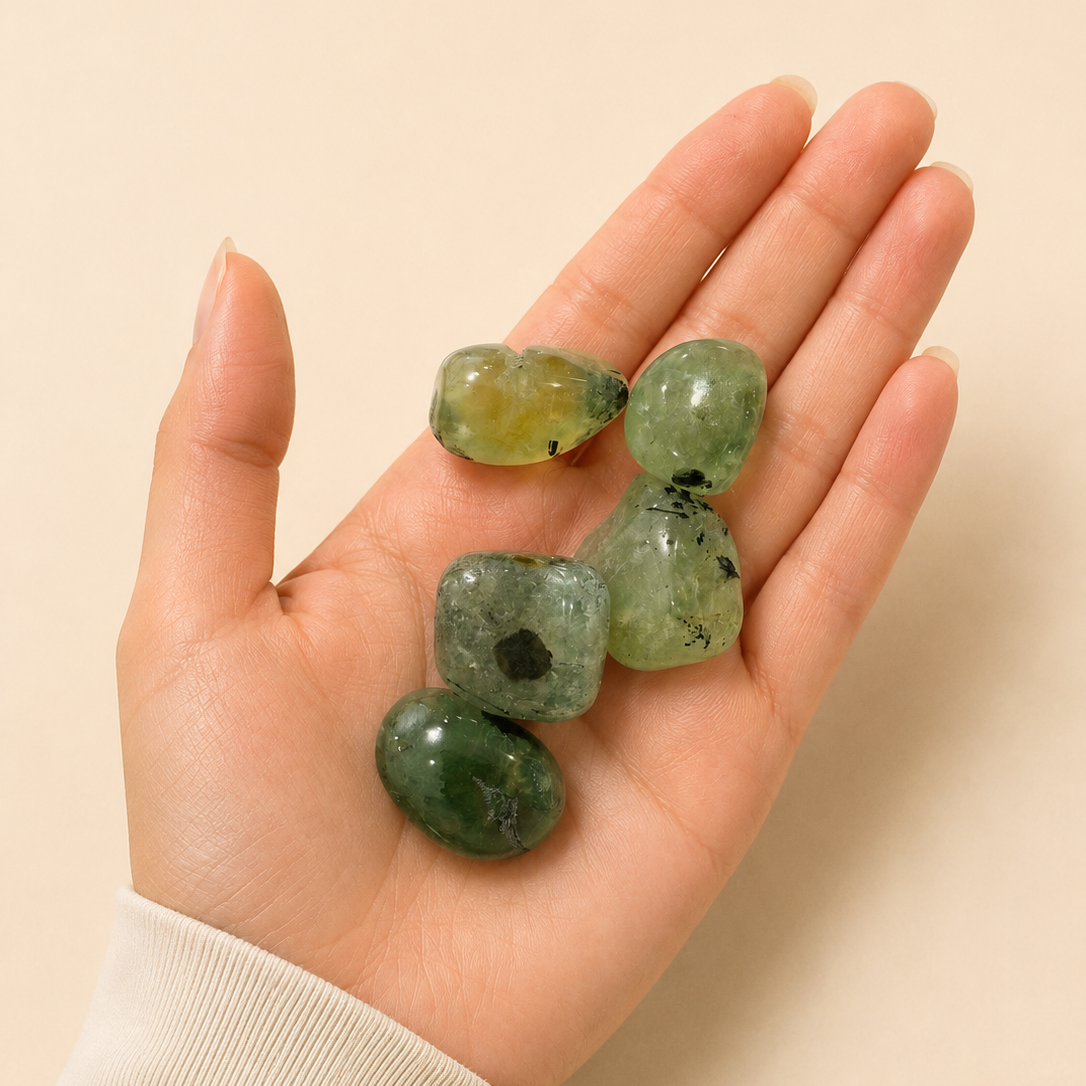 Hand holding prehnite stones against a beige background
